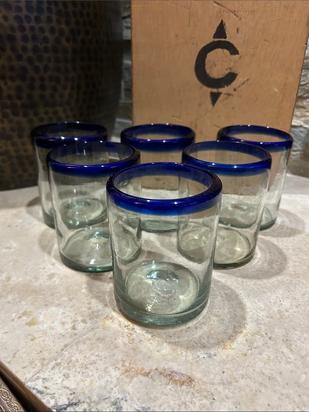 set of 6 hand-blown short Mexican drinking glasses with cobalt blue rims